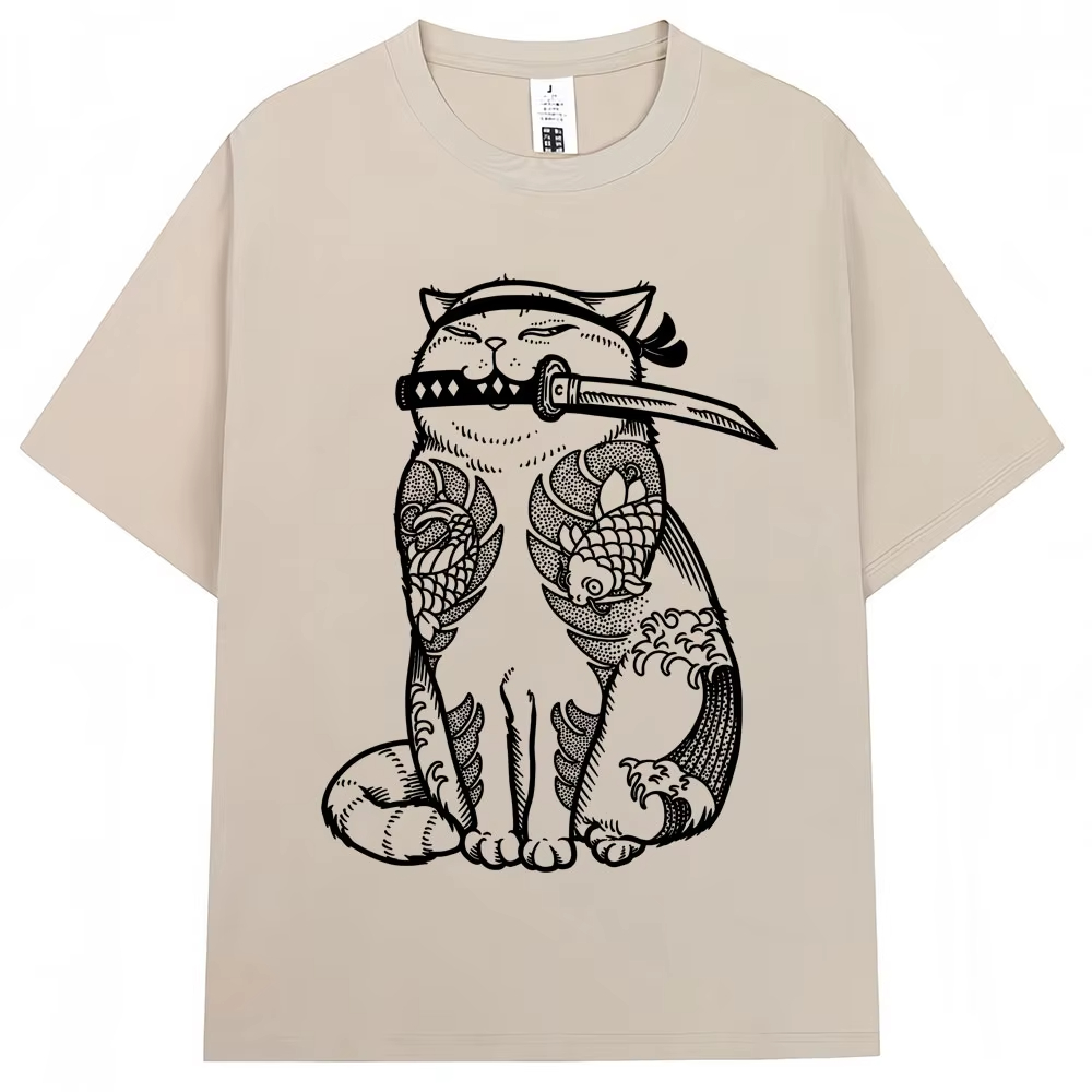 Fashion Street Cat - Japanese Samurai Cat Tattoo Kawaii T