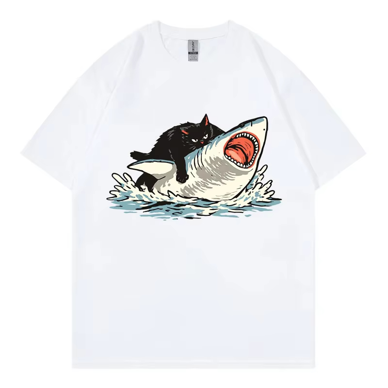 Fashion Street Cat - Funny Cat Riding Shark Graphic T